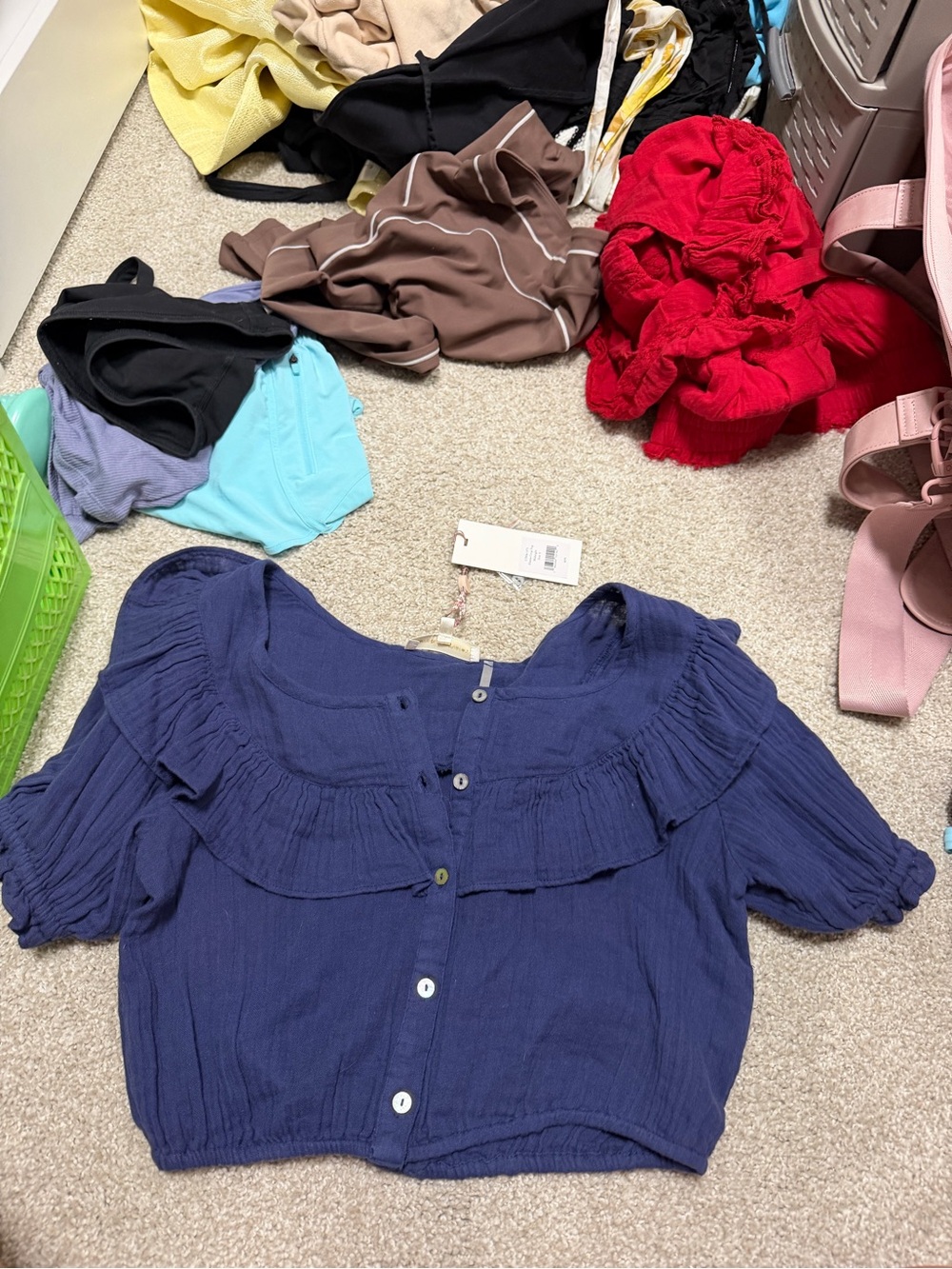 LoveShackFancy Navy Ruffle Button-Front Crop Top